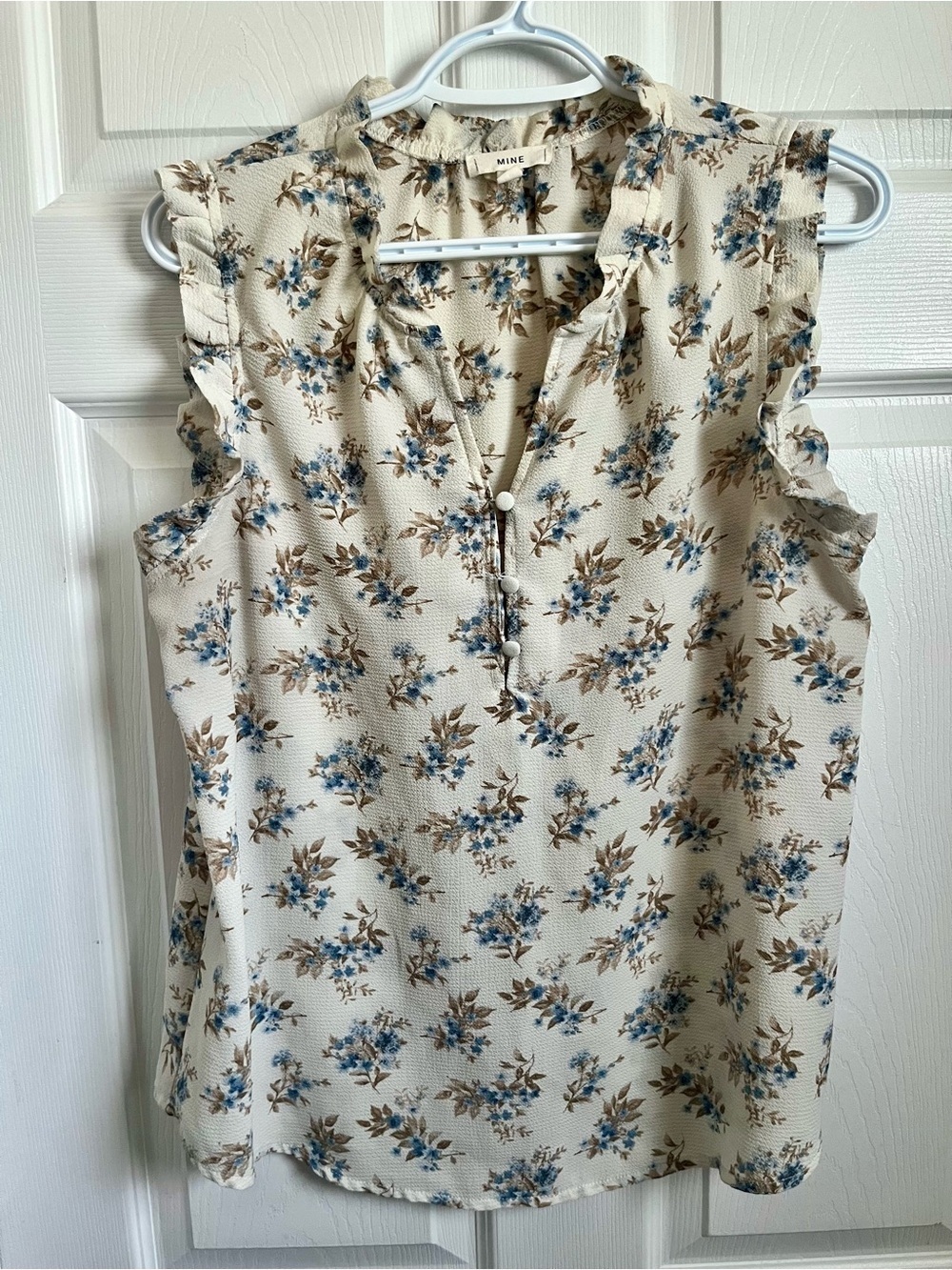 Mine Blouse Cami Tank Top Floral Large Women Beige Blue Sleeveless V-Neck - Picture 4 of 6